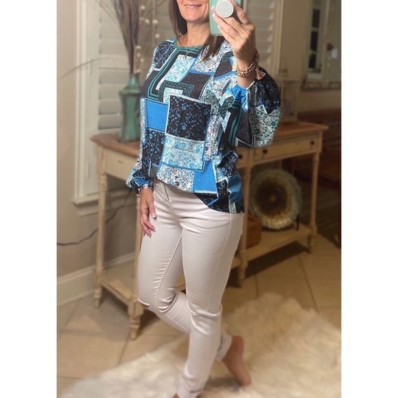 Bohemian Floral Patchwork Dressy Top Blue 3920 - Picture 5 of 8